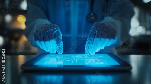 Medical care, person and hands of doctor with tablet for telehealth, research or online consultation in hospital. Healthcare, closeup and surgeon with technology for records, wellness, Generative AI