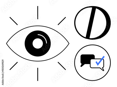 Eye symbol radiating lines, tick icon inside speech bubbles, geometric half-circle. Ideal for communication, vision, clarity, insight, evaluation creativity simplicity. Clean simple flat metaphor