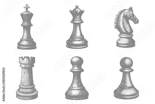 Vintage chess pieces engraving black and white illustration. stippling and halftone bishop, knight, rook, pawn, king, queen, bishop. Eps 10