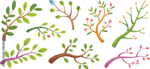 A vibrant, stylized vector collection of cute spring branches, budding twigs, and small floral plant elements, featuring fresh green leaves and colorful blossoms, ideal as a playful graphic design ass