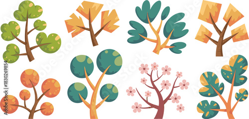 Collection of eight diverse stylized cartoon vector trees, including lush green foliage, bright autumn colors, and spring cherry blossoms, useful for modern digital graphic resources, kids educational