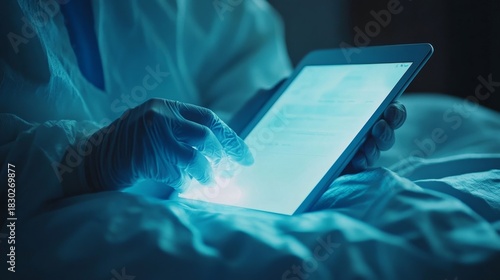 Medical care, person and hands of doctor with tablet for telehealth, research or online consultation in hospital. Healthcare, closeup and surgeon with technology for records, wellness, Generative AI