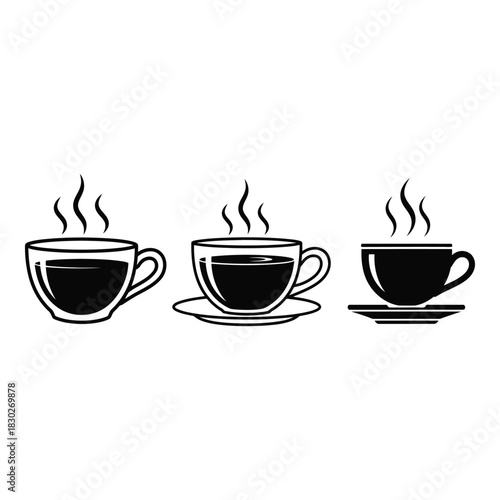 Three steaming cups of coffee or tea in black and white outline design providing a cozy beverage concept for cafe menus and break time illustrations