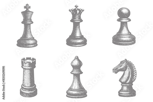 Abstract chess pieces engraving collection. Vintage king, queen, bishop, knight, rook, pawn. Contemporary vector illustration art. Eps 10