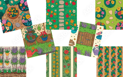 A collection of vibrant cartoon seamless gardening patterns and illustrations showing lush floral arrangements, stone pathways, red roses, lavender rows, potted plants, and wooden fences for nature-th