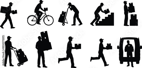 Delivery, package, courier, silhouette, logistics, shipping, box, transport, vector, black, stairs, van, running, walking, bicycle, hand truck, teamwork, service, motion, flavector