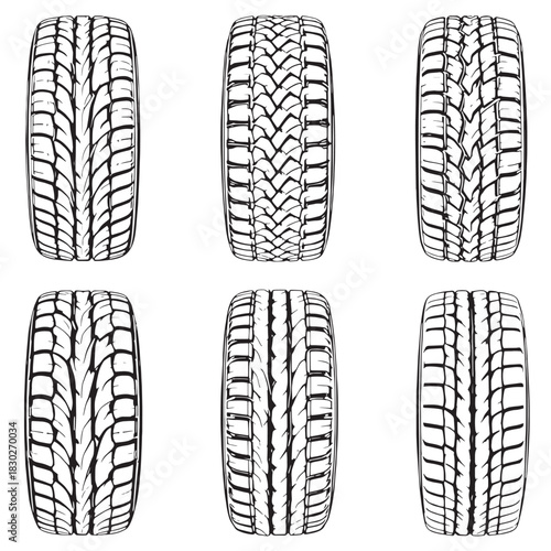 Tire Line Art Illustration Showing Detailed Tread Patterns