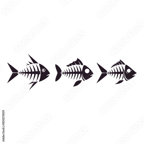 Three stylized fish skeletons aligned in a row isolated on a clean white background offering a modern and minimalist design element