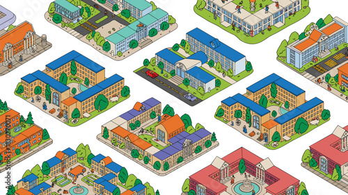 Diverse isometric educational buildings and college campus architecture detailed illustration featuring traditional and modern university structures, dormitories, libraries, and academic halls for hig