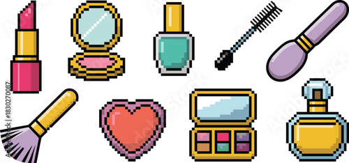 Vibrant retro pixel art set of cosmetics and beauty icons, showcasing glamorous 8-bit digital illustrations including lipstick, nail polish, eyeshadow palette, powder blush, mascara, and fragrance bot