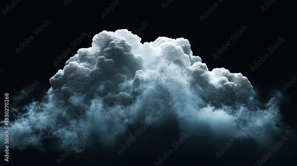 Naklejka premium Massive cumulonimbus thunderhead isolated on pitch black, three-dimensional structure with cauliflower-like formations, subtle blue-gray shadows in deep crevices, atmospheric haze