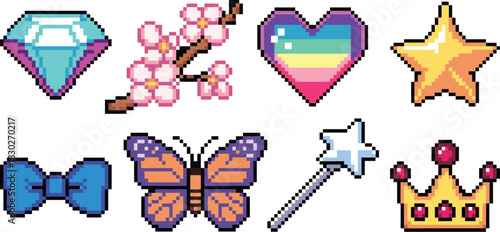 A delightful pixel art icon collection of cute fairy princess and magical fantasy elements, including a bright rainbow heart, shimmering golden crown, shiny star, turquoise diamond, monarch butterfly,