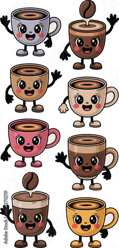 Cheerful seamless pattern of cute cartoon coffee cups and mugs, anthropomorphic beverage characters smiling and waving in a fun, lively kawaii style, perfect for food service branding, marketing, digi