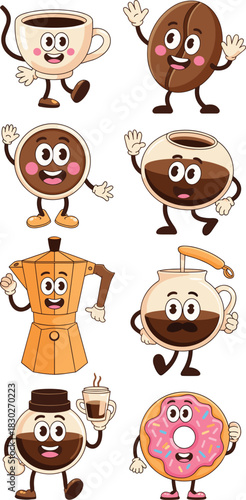 A cheerful collection of cute cartoon coffee and breakfast food characters, including a smiling roasted bean, hot beverage cups, Moka pot, French press carafe, and glazed pink donut, designed for ener