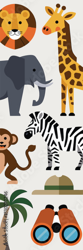 A collection of stylized African safari animals including a geometric lion, tall giraffe, massive elephant, striped zebra, and playful monkey, displayed alongside essential jungle explorer gear like b