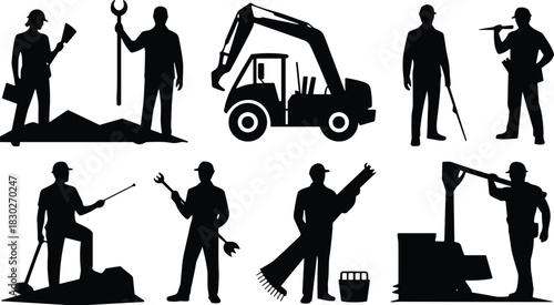 Construction worker and equipment silhouette set, tools posture variation heavy machinery scene, flat vector illustration industrial labor design for stock image template