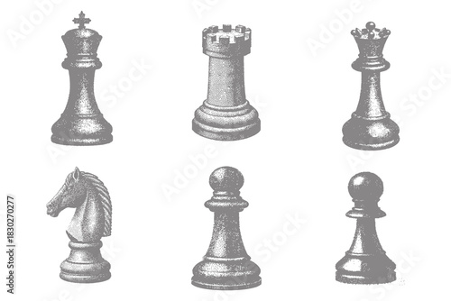 Abstract chess pieces engraving collection. Vintage king, queen, bishop, knight, rook, pawn. Contemporary vector illustration art. Eps 10
