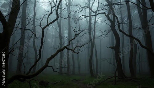 Dark, misty forest with gnarled trees and skeletal branches,  spooky,  occult