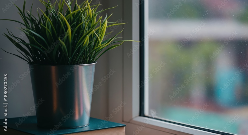 Fototapeta premium Serene Windowside: A close-up shot of a potted plant graces a windowsill with soft light, creating a tranquil scene. The image evokes a sense of peace and natural beauty.