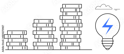 Financial growth concept. Stacks of coins increasing wealth and success. Lightbulb with energy symbol highlights innovation and sustainability. Useful for finance, investments, renewable energy, tech