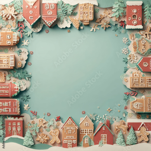 Layered paper cut Christmas frame with gingerbread houses, snow, and festive elements on a pale background