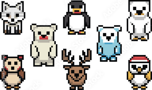 Adorable retro pixel art set of 8 cold climate wildlife animals including stylized polar bears, arctic fox, moose, and penguins, perfect for digital assets, winter holiday marketing, 8-bit video game