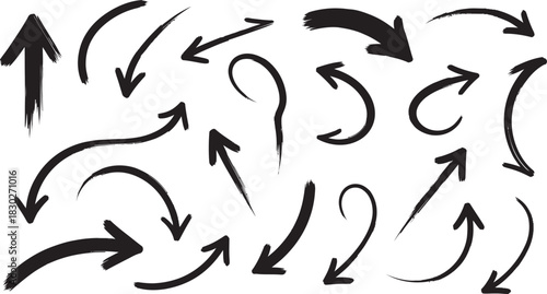 Hand-drawn brush stroke arrow collection set. various directions, textured, imperfect lines. vector graphic design element. Vector