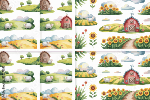 Charming watercolor seamless farm pattern illustration featuring adorable baby lambs, grazing sheep, and a rustic red barn house set in sunny pastoral rolling hills with vibrant yellow sunflower field