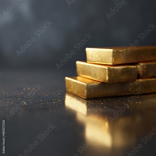 Wallpaper Mural luxury gold bars stacked on reflective surface, premium wealth concept, shimmering details Torontodigital.ca