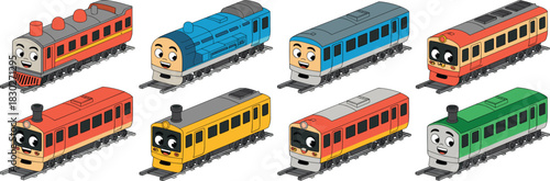 A vibrant collection of eight cheerful cartoon train characters, including various colorful locomotives and passenger railcars, presented in an isometric vector illustration set for children's educati