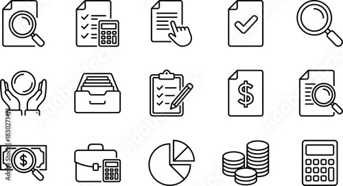 Accounting, Finance, Audit, and Documentation Line Icon Set, Financial Analysis, Calculator, Report, Money, Pie Chart, and Business Management Outline Symbols