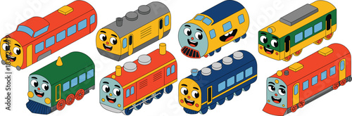 Isometric graphic illustration of eight vibrant, happy cartoon train engines and colorful railway carriages isolated for children's educational content, transportation concepts, learning tools, mobile