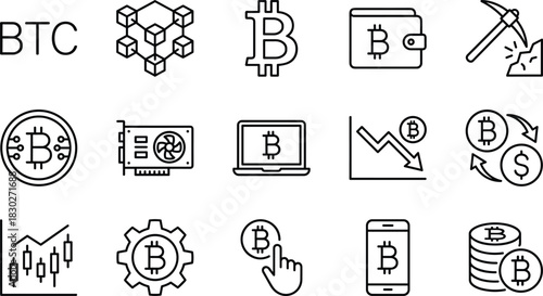 Bitcoin and Cryptocurrency line icons set, Blockchain, BTC Mining, Digital Wallet, Trading Chart, Exchange, GPU, and Financial Technology vector symbols