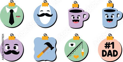 Eight stylized Christmas baubles celebrating fatherhood, featuring minimalist icons like a business shirt, mug, hammer tool, fishing pole, and mustache in soft pastel colors, perfect vector graphic re