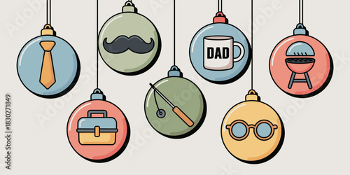 Seven festive hanging Christmas ornaments displaying iconic symbols of fatherhood and masculine hobbies like a tie, mustache, Dad mug, toolbox, fishing gear, and barbecue grill, rendered in a charming