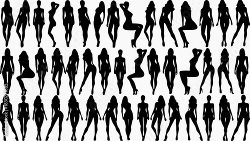Elegant silhouette collection of diverse women in stylish poses, perfect for fashion, beauty, and lifestyle design projects. Vector art, scalable.