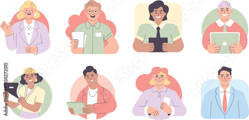 Set of diverse, successful professional team members and happy business staff avatars holding technology devices like tablets and documents, ideal for remote work applications, featuring modern minima