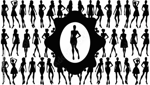 Stylish woman silhouettes in dresses, fashion and beauty concept, vintage vector design elements, elegant style, creative art, attractive models, trendy, vogue