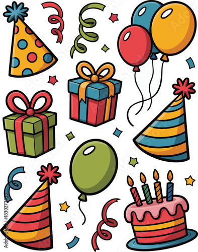 Vibrant cartoon illustration graphic pattern of festive birthday party essentials: conical hats, red, blue, and green floating balloons, colorful wrapped gift boxes, streamers, confetti, and a delicio