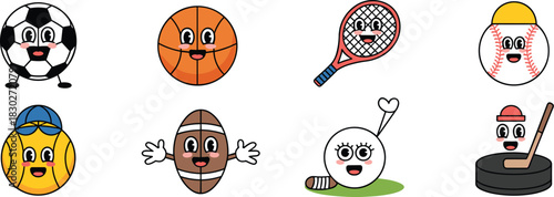 Cute kawaii collection of happy sports equipment characters, featuring smiling mascot vector illustrations of soccer, basketball, baseball, tennis, and American footballs, ideal for playful fitness ma