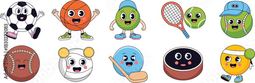Cute retro cartoon sports balls vector illustration set featuring happy soccer, basketball, tennis, baseball, volleyball, golf, and hockey characters promoting physical education, fun games, and activ