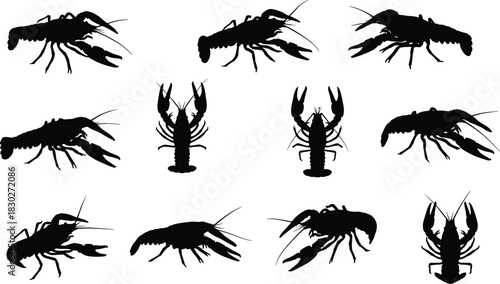 Black Crawfish Crayfish Lobster Silhouettes Vector Set Seafood River Crustacean Shellfish Icons Aquatic Animal Food Menu Graphic Design