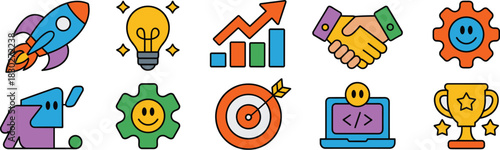 Vibrant set of modern business and technology vector icons representing startup success, innovation, rapid financial growth, strategic goals, teamwork, and digital development concepts, ideal for mark