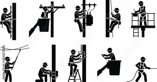 Black Lineman Electrician Pictograms Vector Set: Power Pole Maintenance, Repair, Utility Worker, Electricity Service, Safety Icons Collection