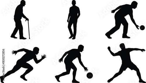 Black Male Figure Silhouettes Vector Set: Running, Sports, Bowling, and Elderly Man with Cane Representing Diverse Generations and Activities