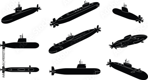 Black Submarine Silhouettes Vector Set Military Naval Vessels Underwater Attack Transport Warship Icons Ocean Deep Dive Technology Collection