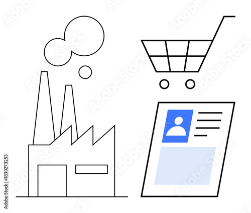Commerce concept. Commerce links industrial production, online shopping, and digital identity. Commerce evolves through technological and manufacturing developments. For trade, business, economy