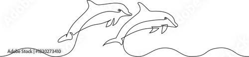 Continuous line art drawing of two graceful dolphins jumping over ocean waves Vector