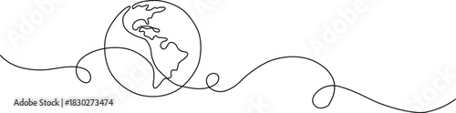 Continuous line drawing of planet earth globe with abstract flowing wave Vector