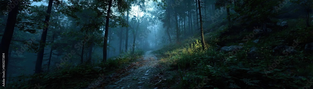Naklejka premium Deep forest with ghostly apparitions at dusk concept. A serene forest path illuminated by soft, ethereal light.